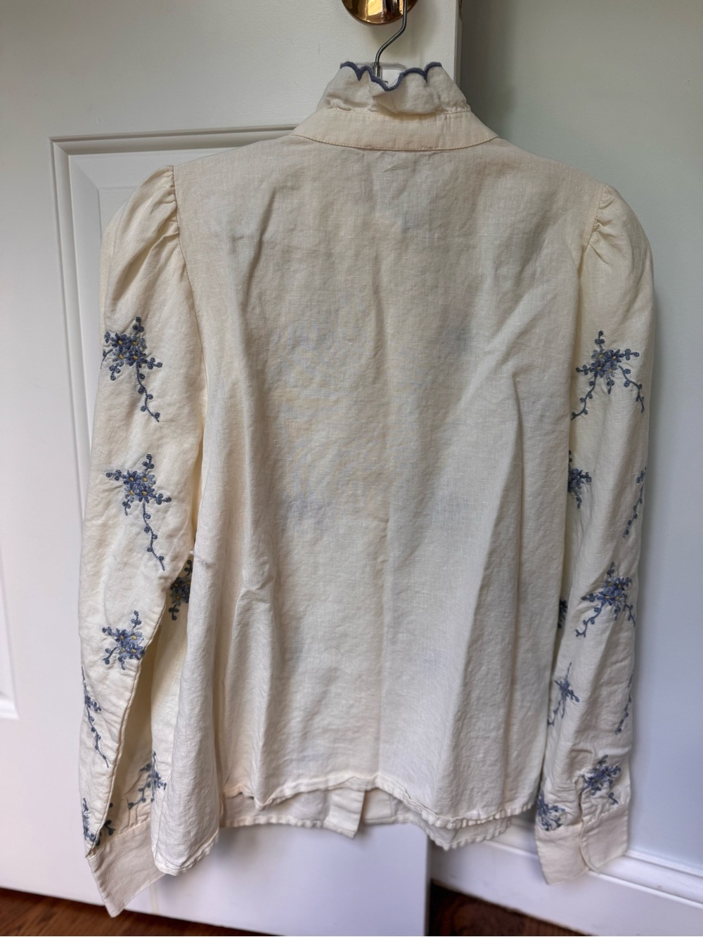 Sezane Cream Linen Blouse with Blue Embroidered Flowers - Picture 5 of 6